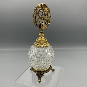 Vtg Ornate Matson Footed Perfume Bottle Dogwood Diamond Point Cut Glass Ormolu